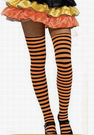 Halloween Pumpkin Orange and Black Striped Thigh High Stockings